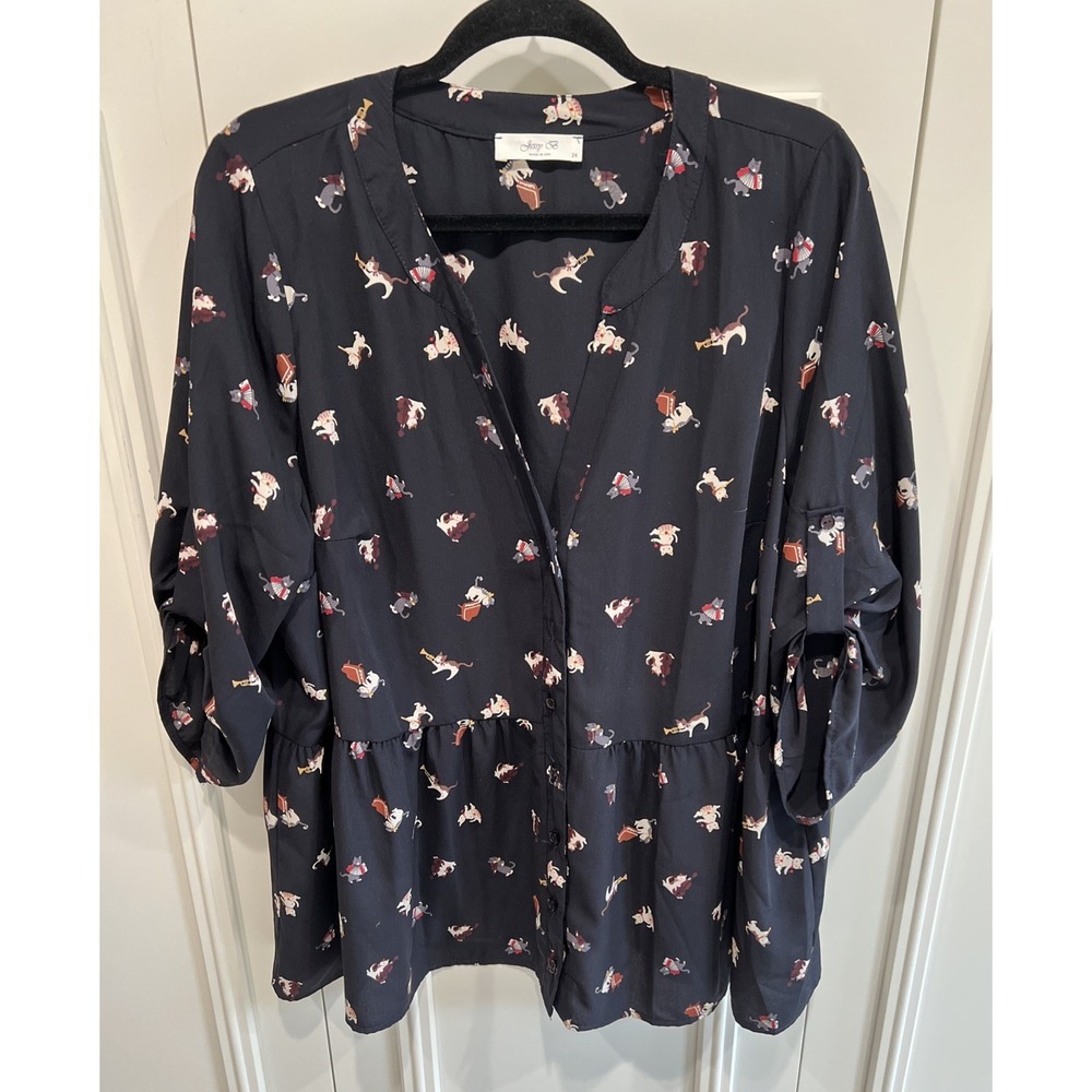 Jessy B Kitty Cat Print Button Up Blouse Size 2X Black Roll Tab Tiered Music Fun